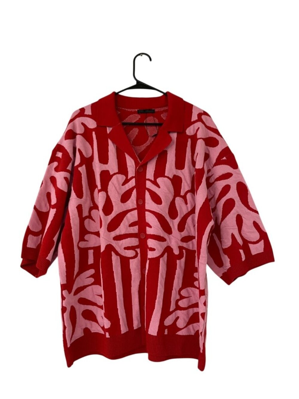 Zara Mens Shirt  L XL Red Pink Abstract 3/4 Sleeve Button Up Knit 1023/409 NWOT